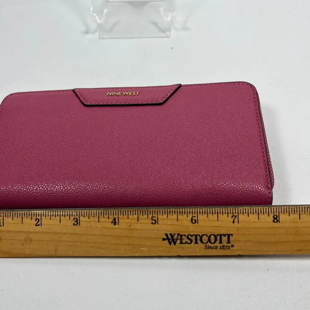 NINE WEST Wallet Accordion Zip Around Leather Card Coin Purse Rouge Pink NEW